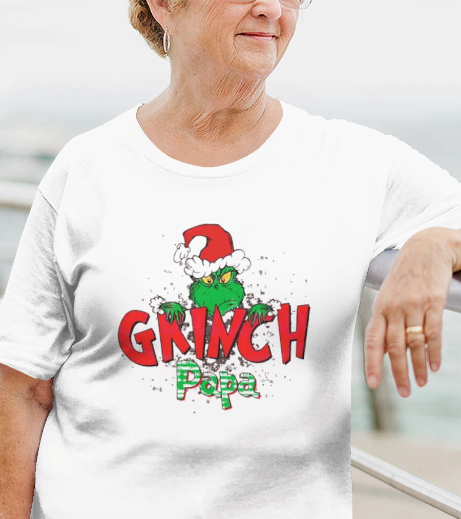 Grinch Christmas Papa Theme With Santa Hat T-Shirt