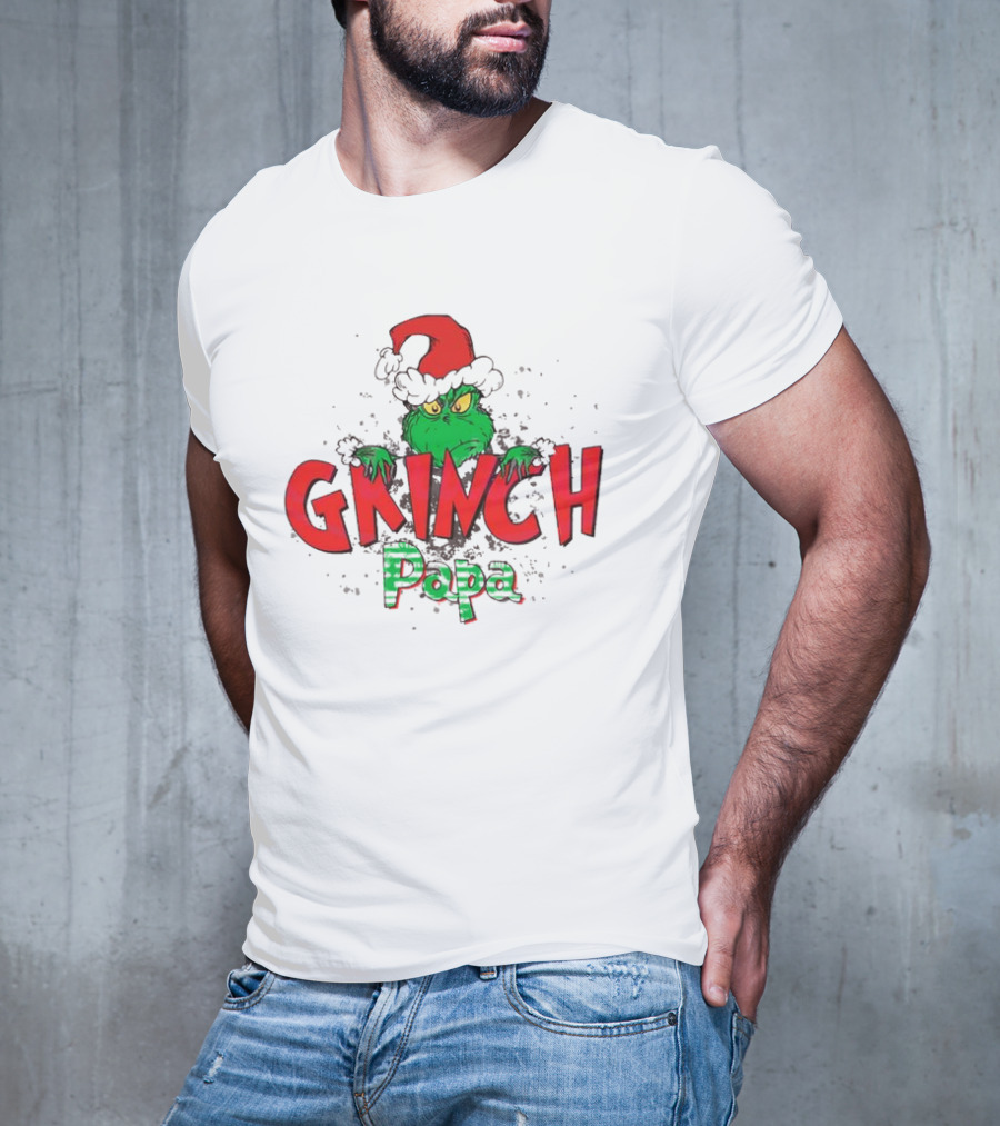 Grinch Christmas Papa Theme With Santa Hat T-Shirt