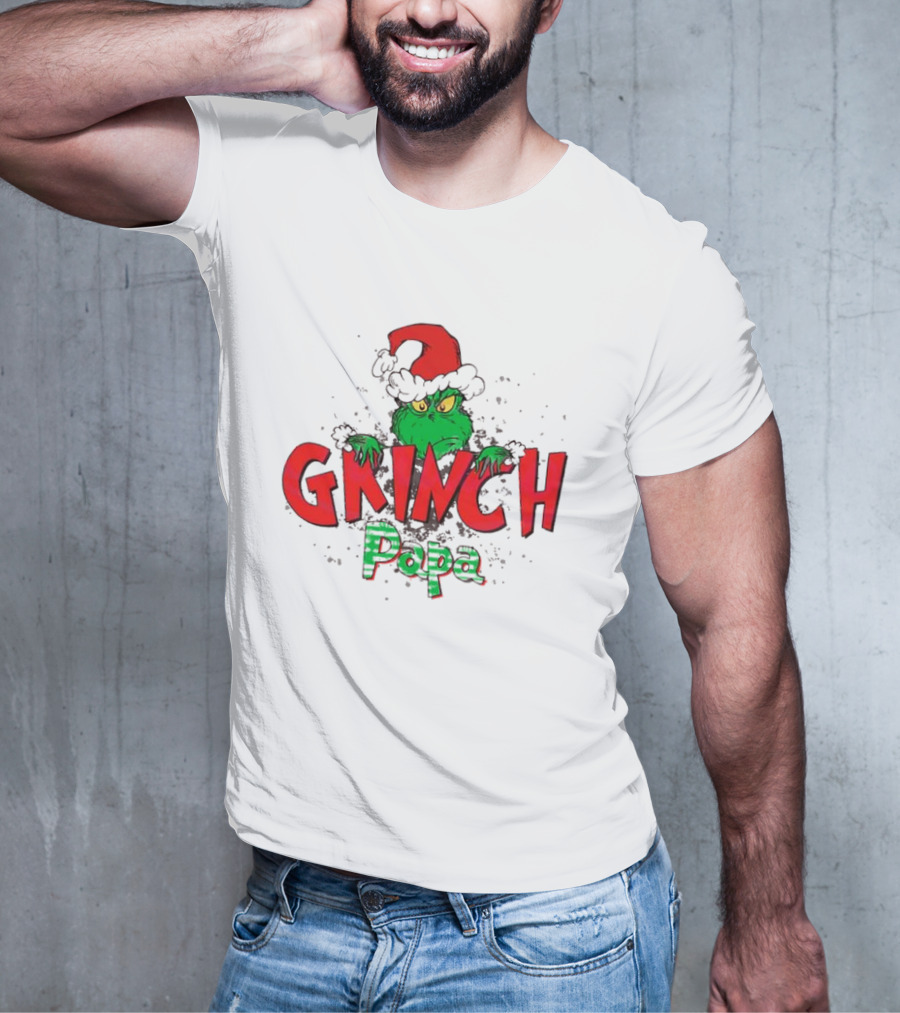 Grinch Christmas Papa Theme With Santa Hat T-Shirt