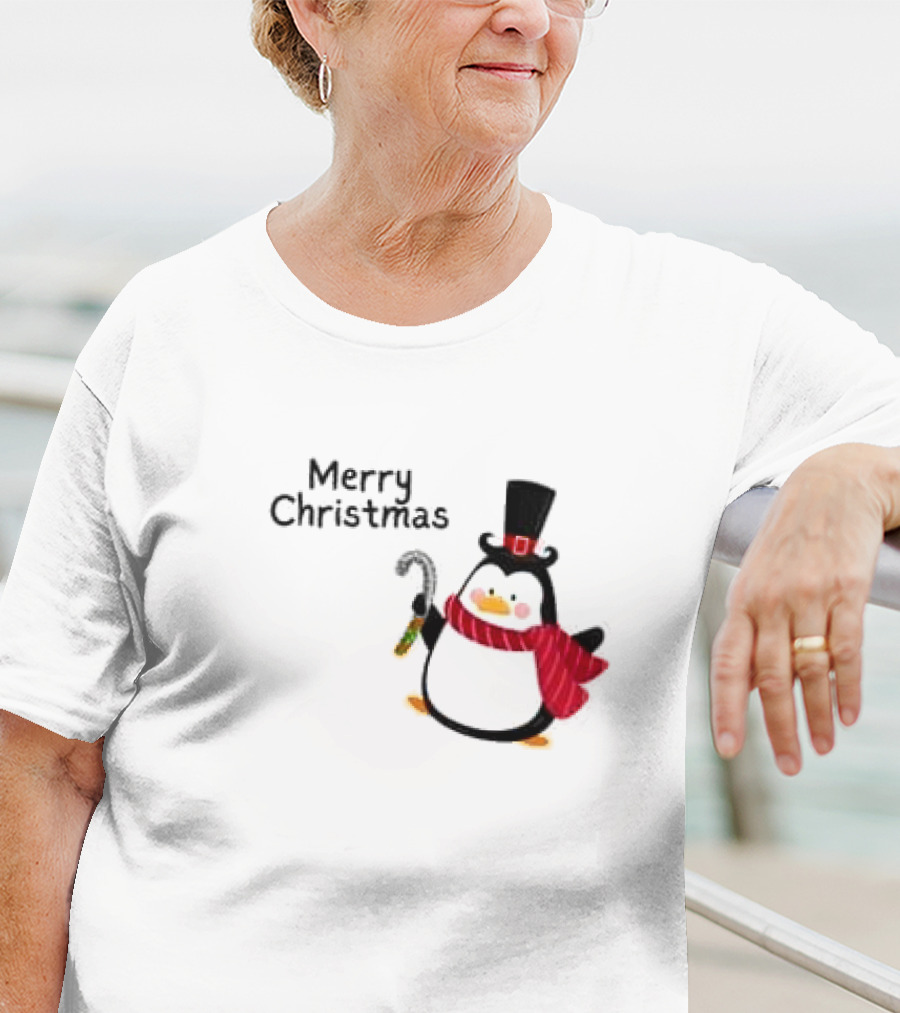 Merry Christmas Penguin With Candy Cane And Top Hat T-Shirt