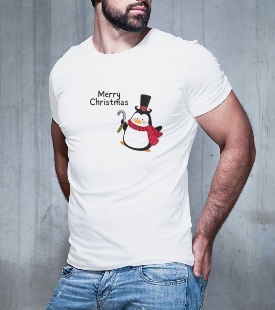 Merry Christmas Penguin With Candy Cane And Top Hat T-Shirt