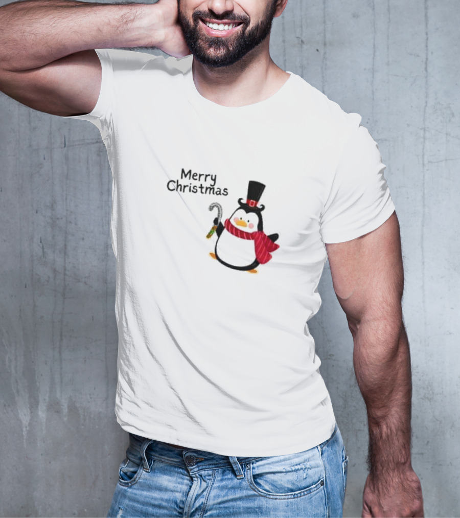 Merry Christmas Penguin With Candy Cane And Top Hat T-Shirt