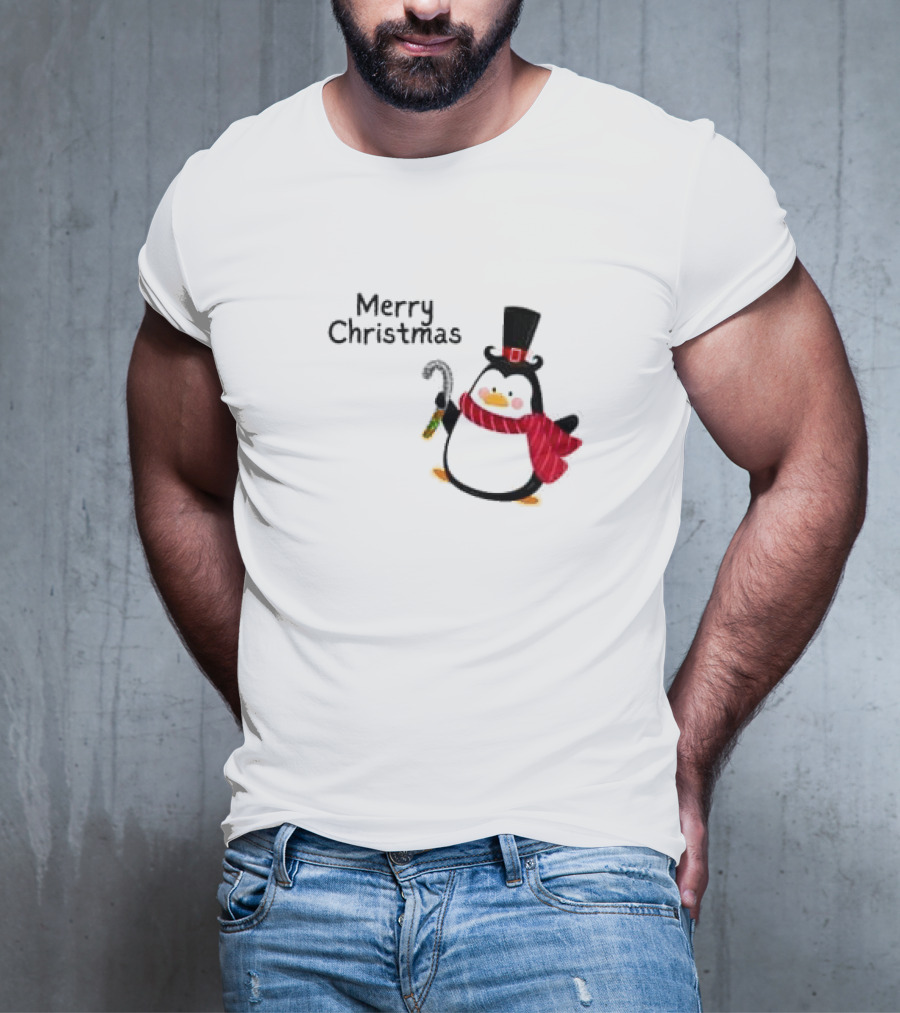 Merry Christmas Penguin With Candy Cane And Top Hat T-Shirt