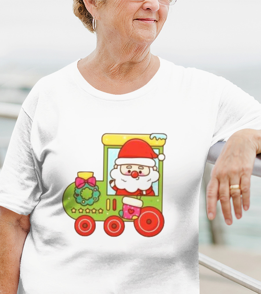 Santa Cute Christmas Train With Wreath And Stars T-Shirt