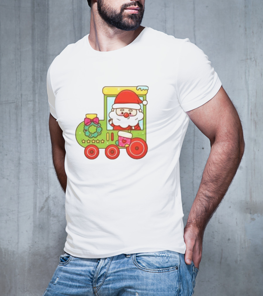 Santa Cute Christmas Train With Wreath And Stars T-Shirt