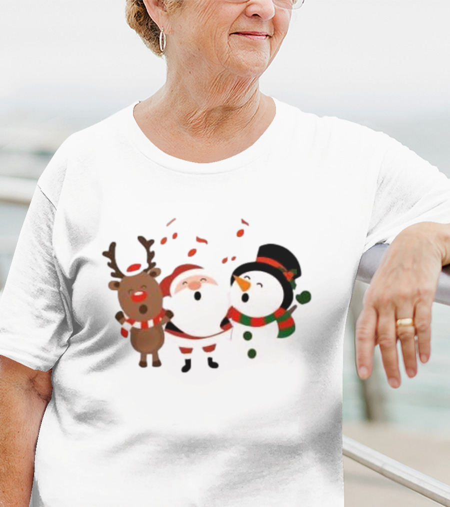 Santa Reindeer And Snowman Singing Christmas Carols Together T-Shirt