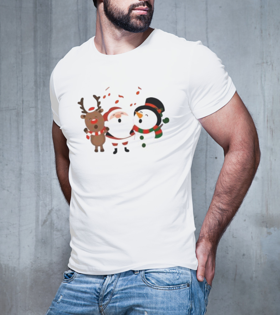 Santa Reindeer And Snowman Singing Christmas Carols Together T-Shirt