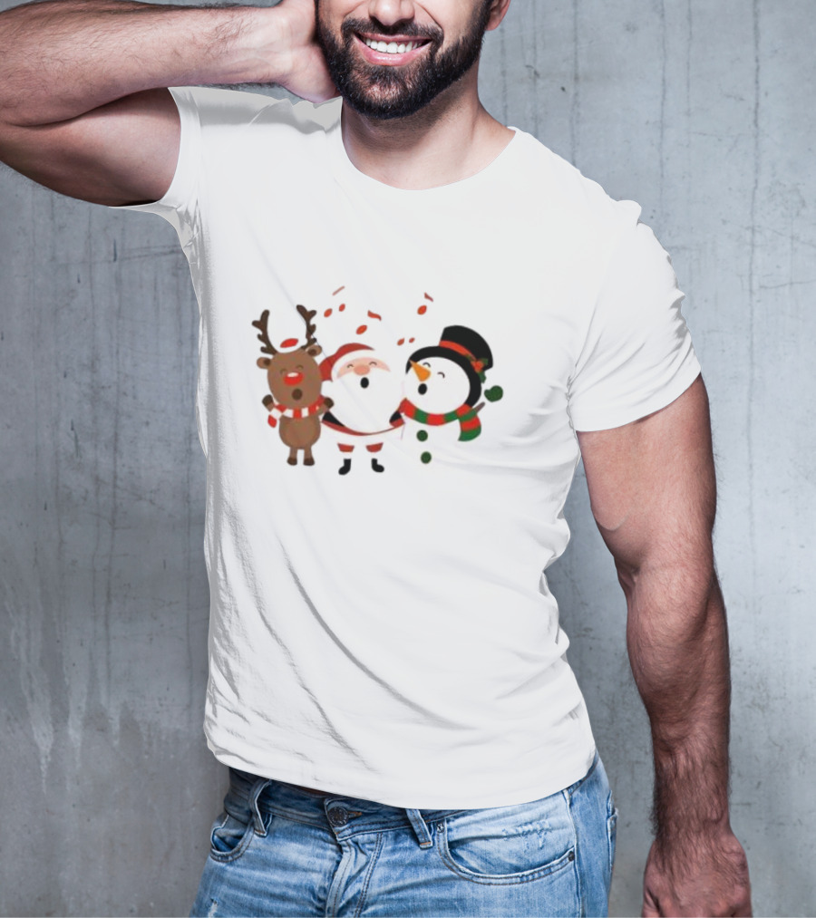 Santa Reindeer And Snowman Singing Christmas Carols Together T-Shirt