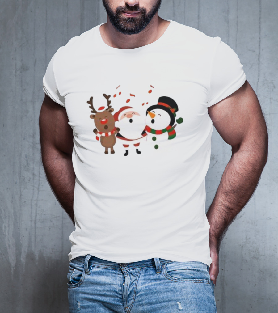 Santa Reindeer And Snowman Singing Christmas Carols Together T-Shirt