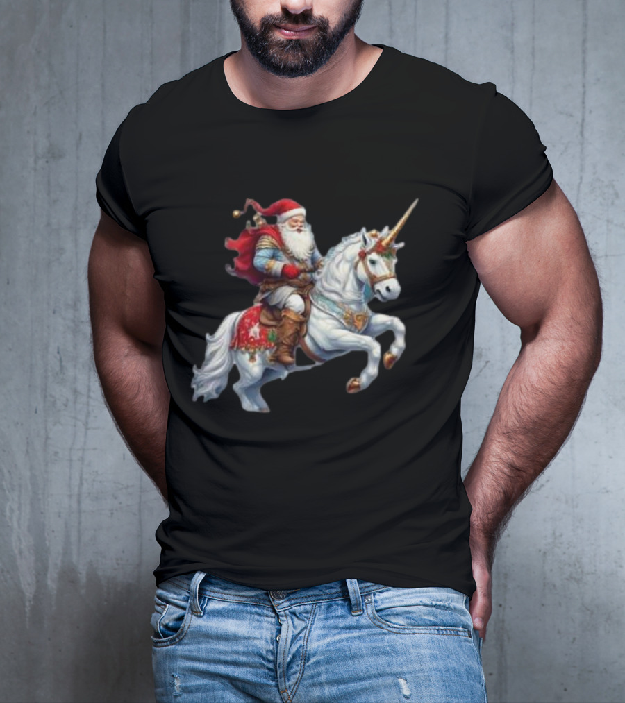 Santa Claus Riding Festive Unicorn Christmas T-Shirt