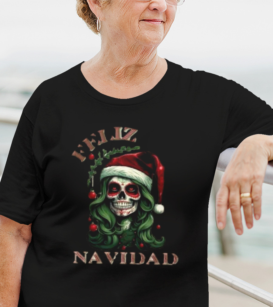 Feliz Navidad Skull Santa Hat Merry Christmas T-Shirt