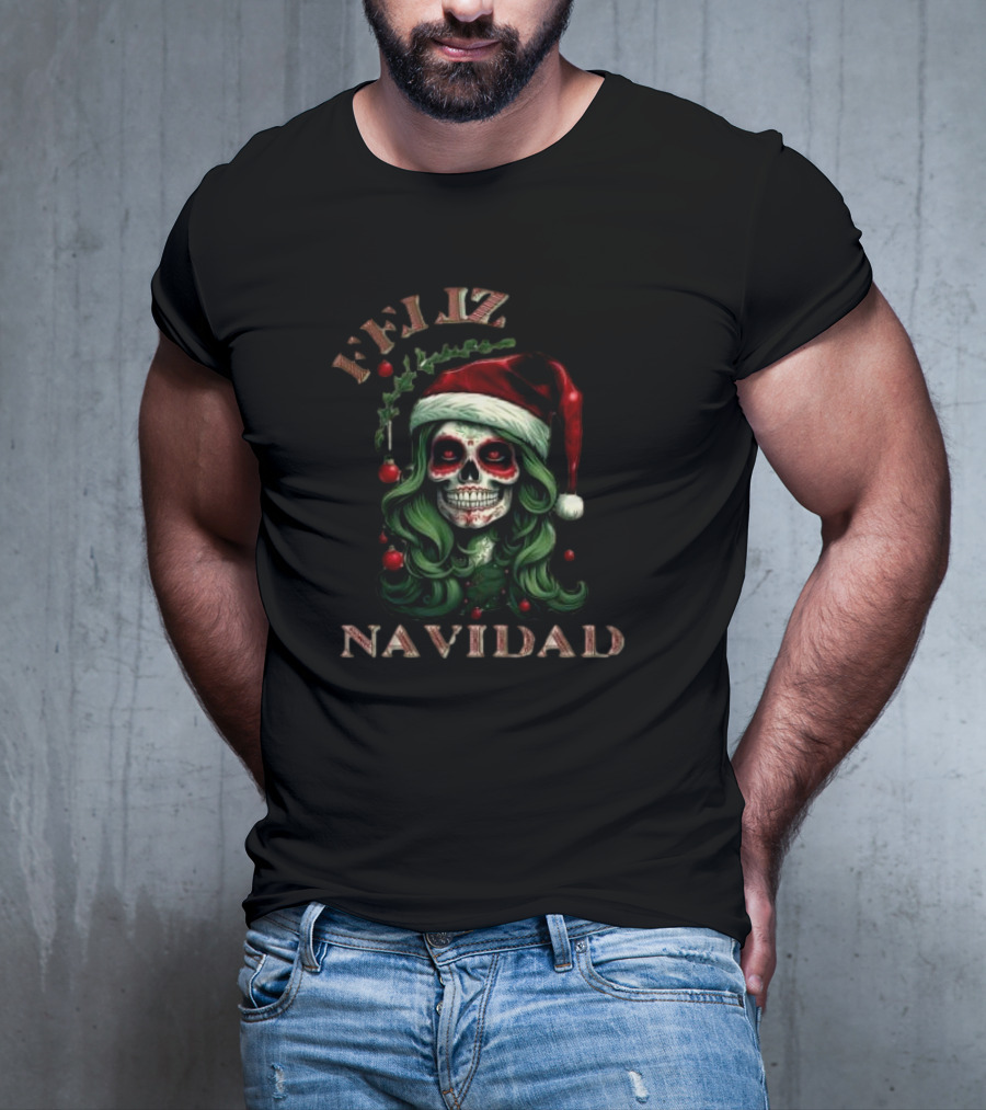 Feliz Navidad Skull Santa Hat Merry Christmas T-Shirt