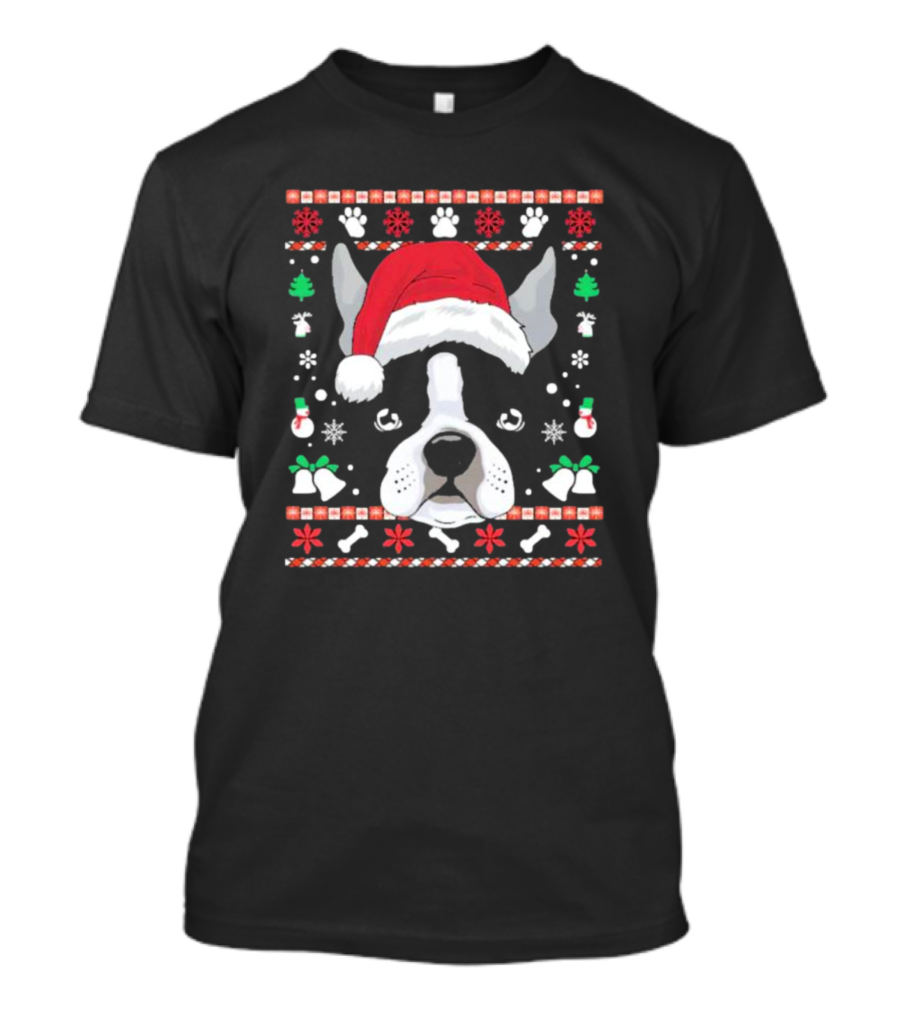 Ugly Christmas Boston Terrier In Santa Hat With Snowflakes And Paw Prints T-Shirt