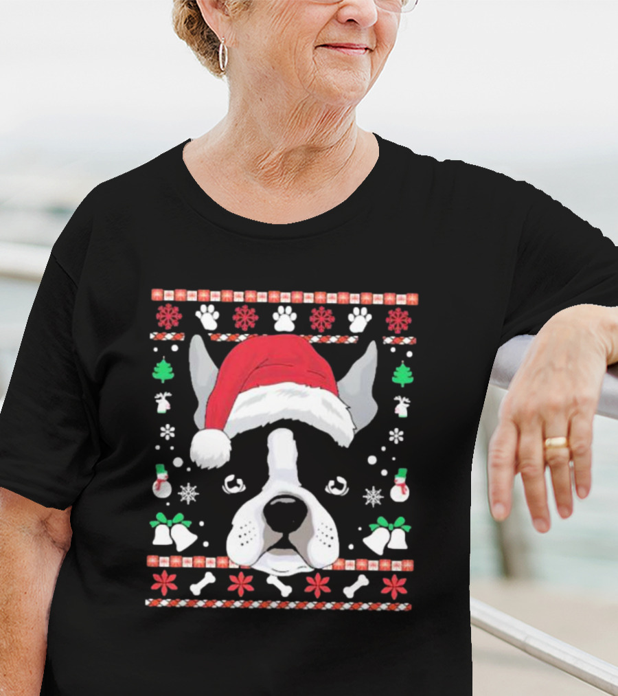 Ugly Christmas Boston Terrier In Santa Hat With Snowflakes And Paw Prints T-Shirt