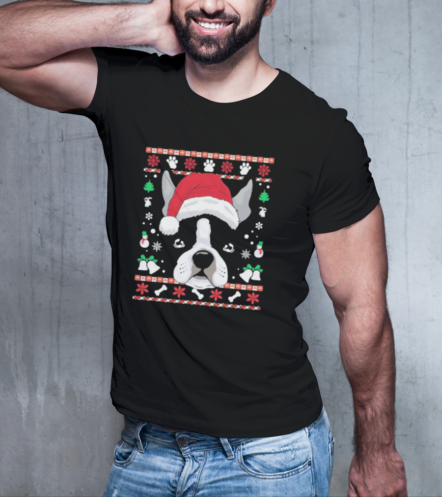 Ugly Christmas Boston Terrier In Santa Hat With Snowflakes And Paw Prints T-Shirt