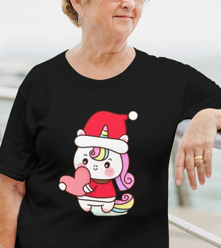 Unicorn Santa Hat Heart Christmas T-Shirt
