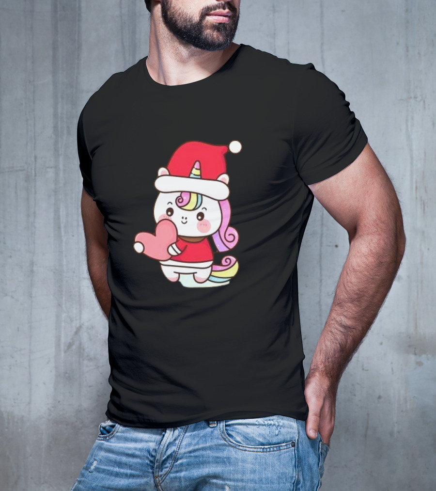 Unicorn Santa Hat Heart Christmas T-Shirt