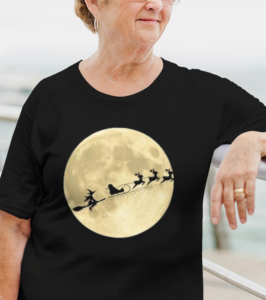 Witch Riding With Santa's Sleigh In Full Moon Christmas Scene T-Shirt