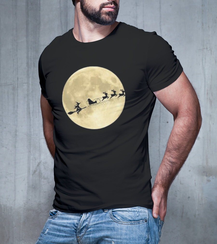 Witch Riding With Santa's Sleigh In Full Moon Christmas Scene T-Shirt
