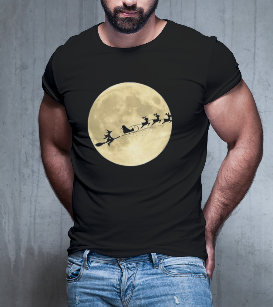 Witch Riding With Santa's Sleigh In Full Moon Christmas Scene T-Shirt