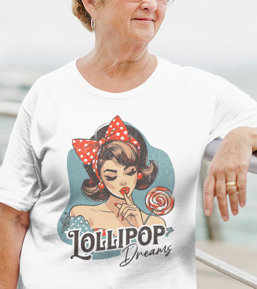 Lollipop Dreams Vintage Style Pinup Woman With Lollipop And Red Bow T-Shirt