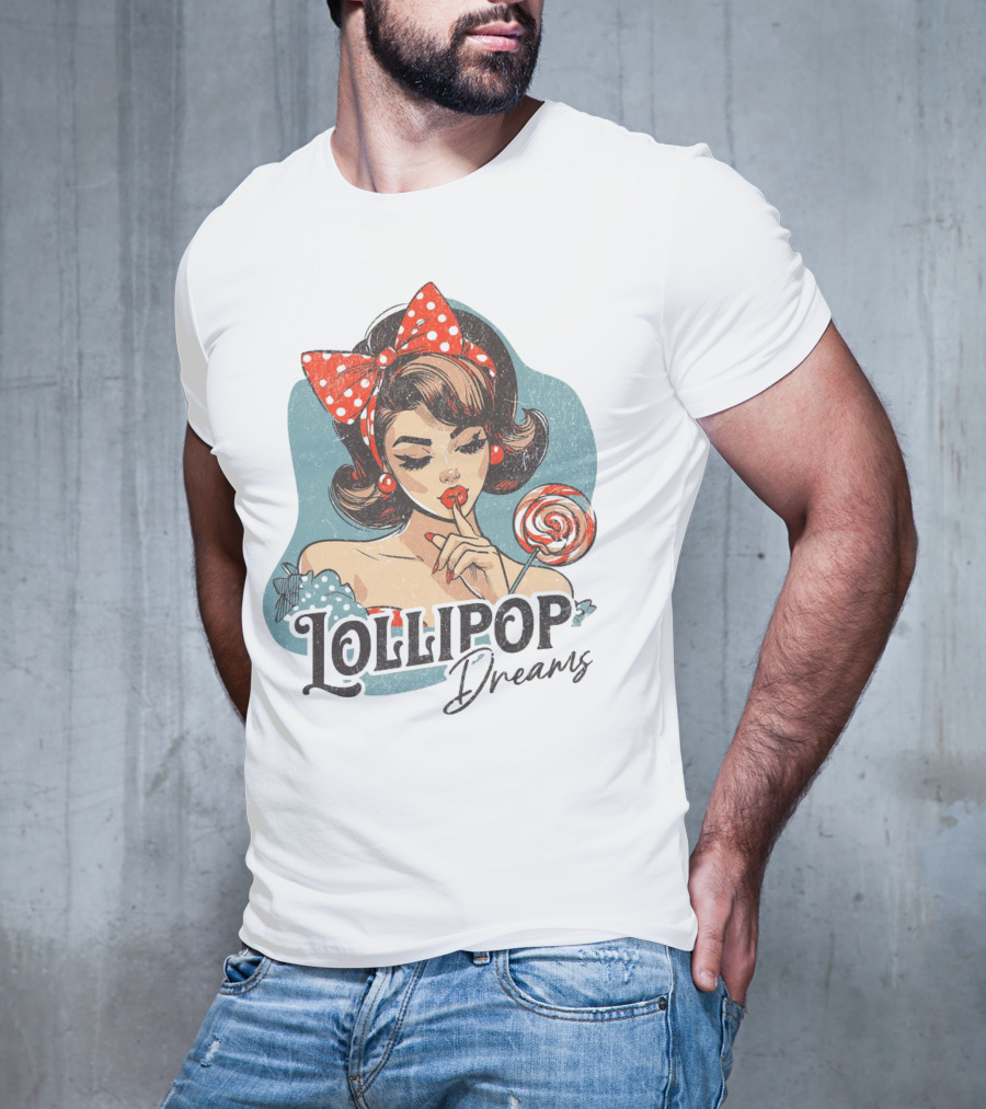 Lollipop Dreams Vintage Style Pinup Woman With Lollipop And Red Bow T-Shirt