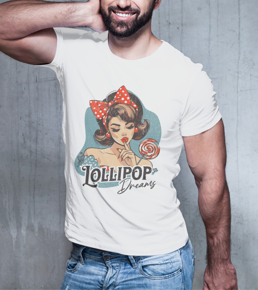 Lollipop Dreams Vintage Style Pinup Woman With Lollipop And Red Bow T-Shirt