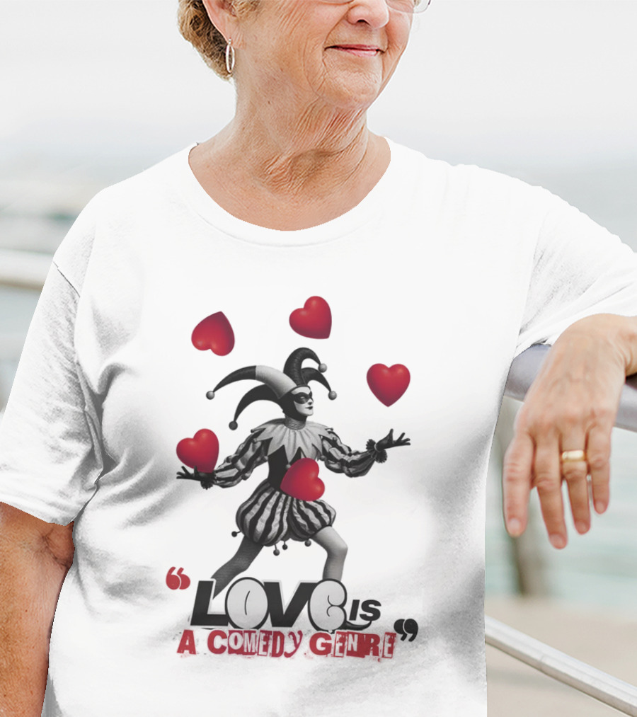 Love Is A Comedy Genre Jester And Hearts Motif T-Shirt