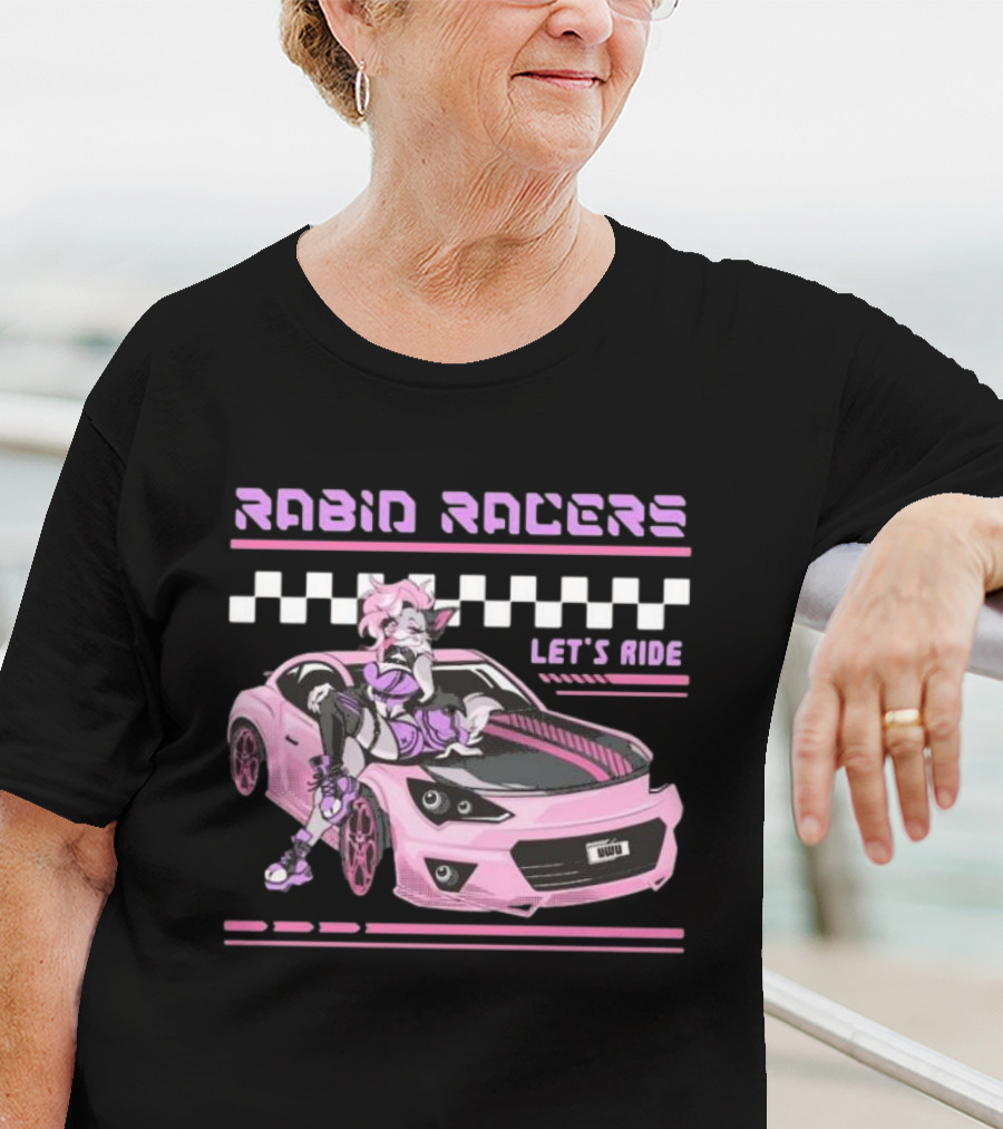 Rabid Racers Let’s Ride Pink Anime Style Racer Girl With Wufu License Plate T-Shirt