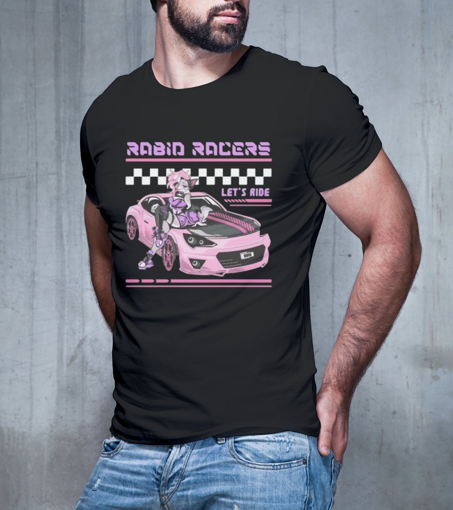 Rabid Racers Let’s Ride Pink Anime Style Racer Girl With Wufu License Plate T-Shirt