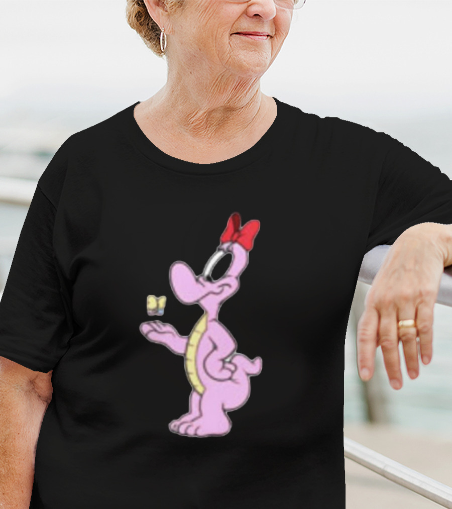 Pink Cartoon Dinosaur With Red Bow And Butterfly T-Shirt