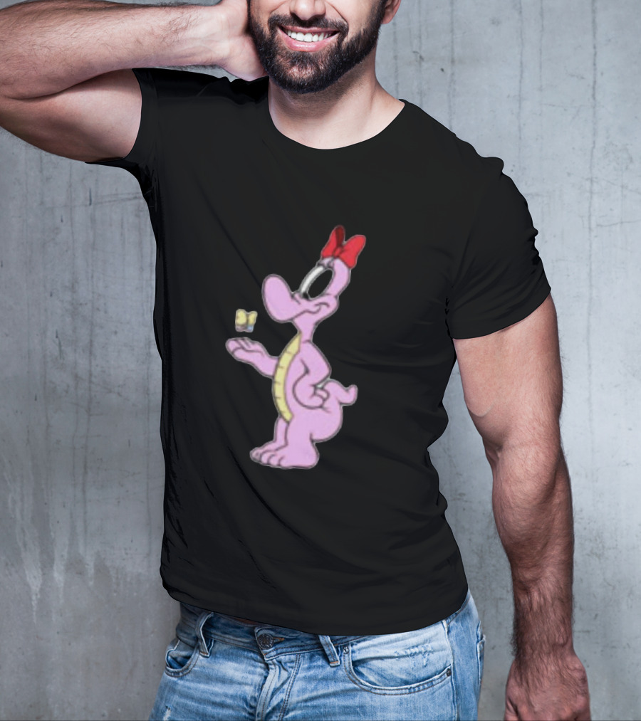 Pink Cartoon Dinosaur With Red Bow And Butterfly T-Shirt