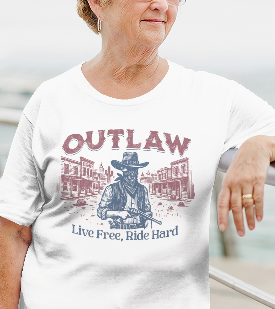 OUTLAW Live Free, Ride Hard Cowboy Western Scene T-Shirt