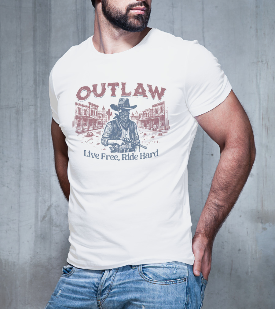 OUTLAW Live Free, Ride Hard Cowboy Western Scene T-Shirt
