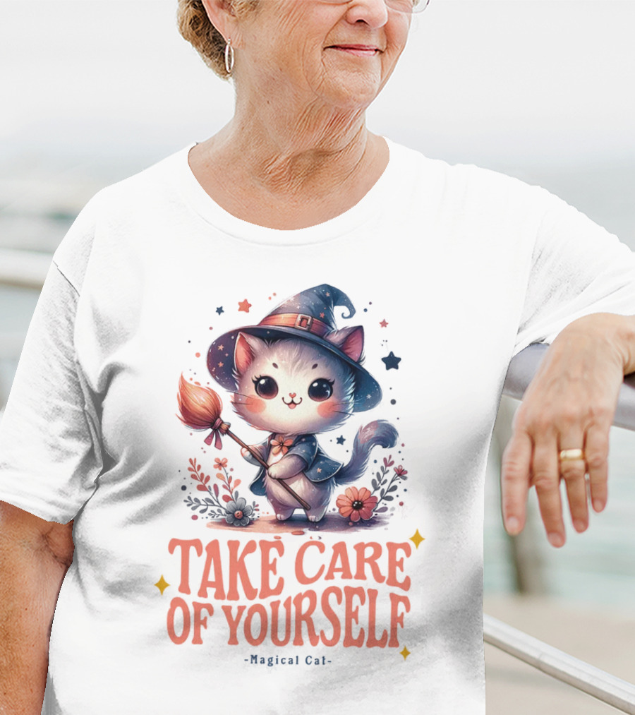 Take Care Of Yourself Magical Cat Wizard Hat Broomstick T-Shirt