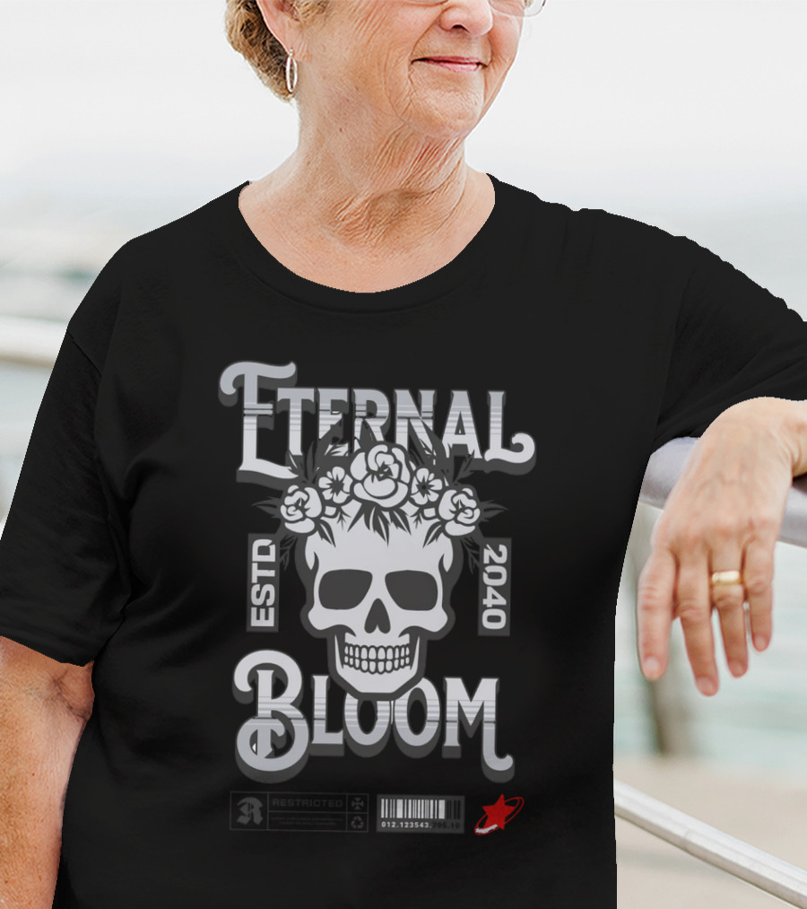 ETERNAL BLOOM ESTD 2040 Skull Roses Barcode Red Rocket T-Shirt