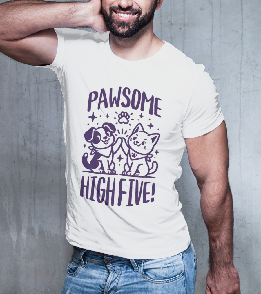 Pawsome High Five Cute Animal Purple Pawsom T-Shirt