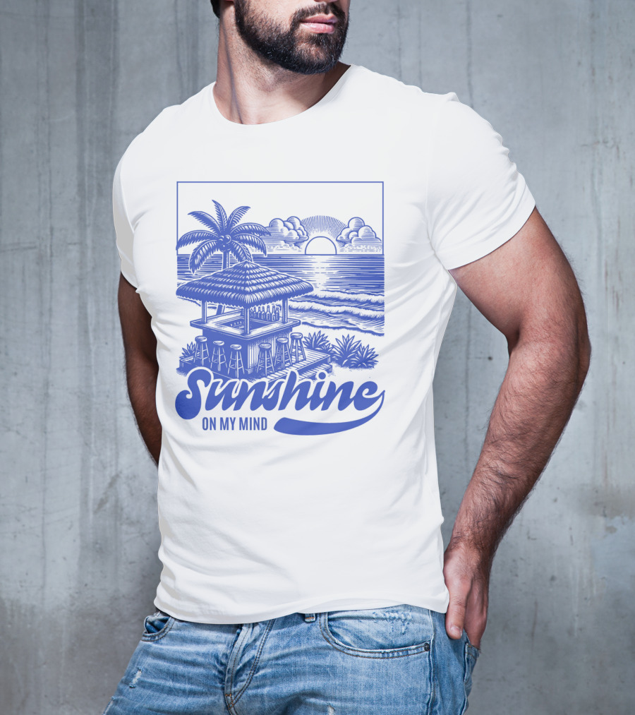Sunshine On My Mind Vintage Beach Hut And Sunset Scene T-Shirt