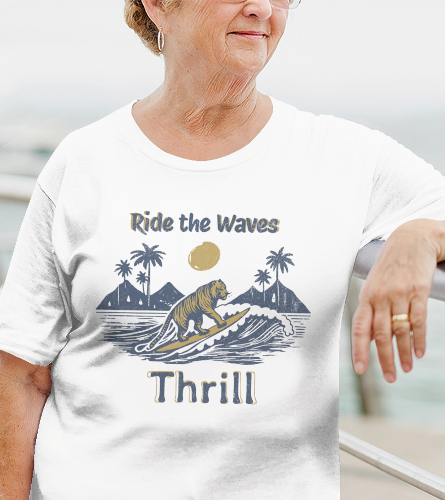 Ride The Waves Thrill Tiger Surf Moon Palms T-Shirt