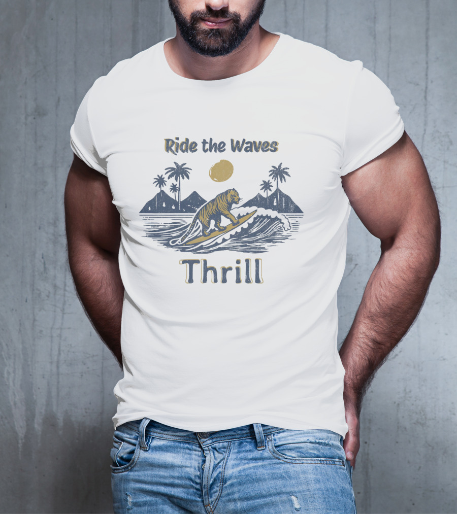 Ride The Waves Thrill Tiger Surf Moon Palms T-Shirt