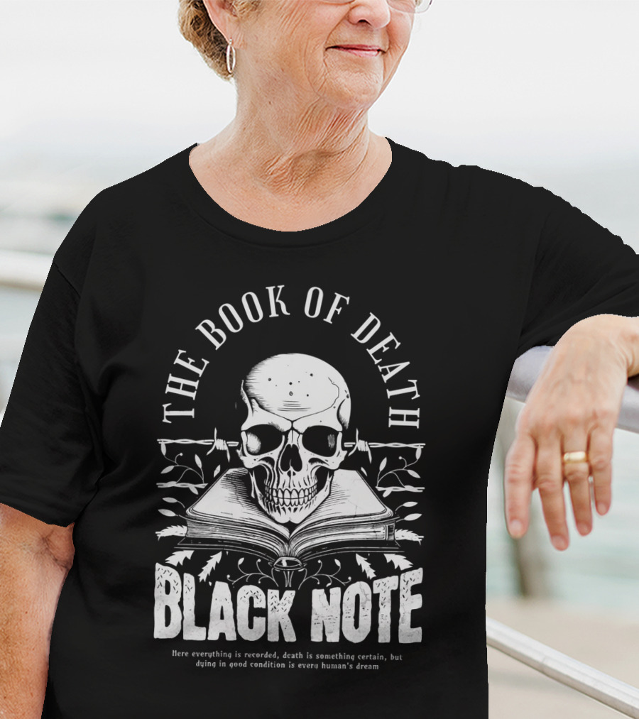 The Book Of Death Black Note Skull With Open Book T-Shirt