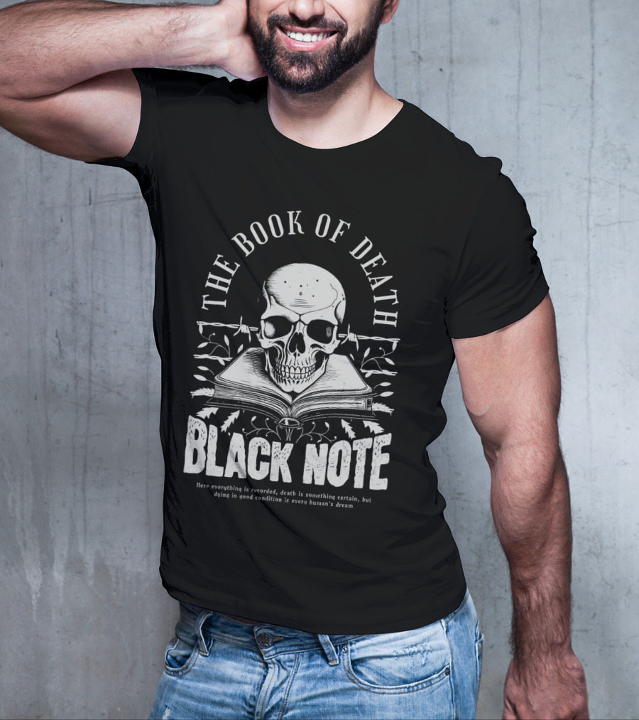 The Book Of Death Black Note Skull With Open Book T-Shirt