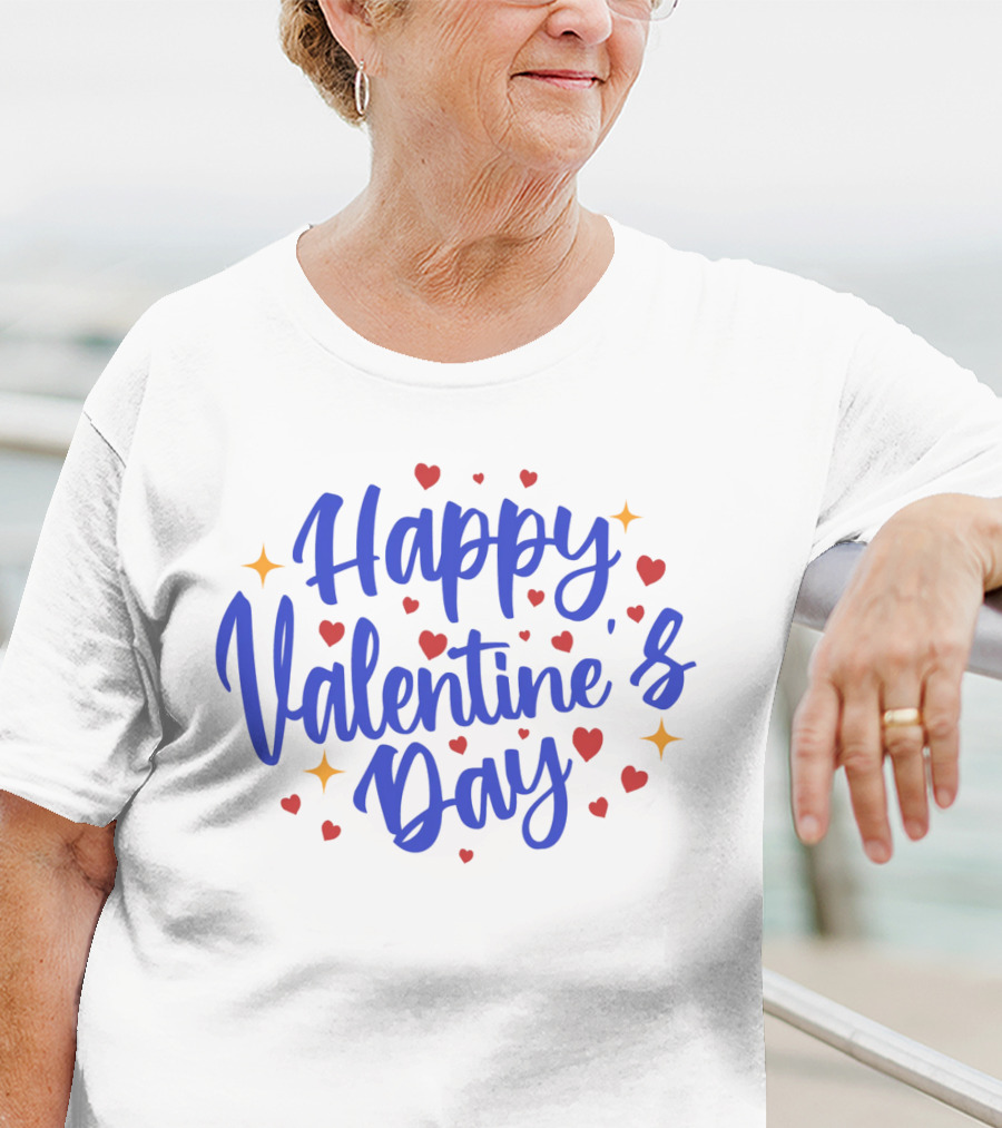 Happy Valentine's Day Blue Script With Hearts And Stars T-Shirt
