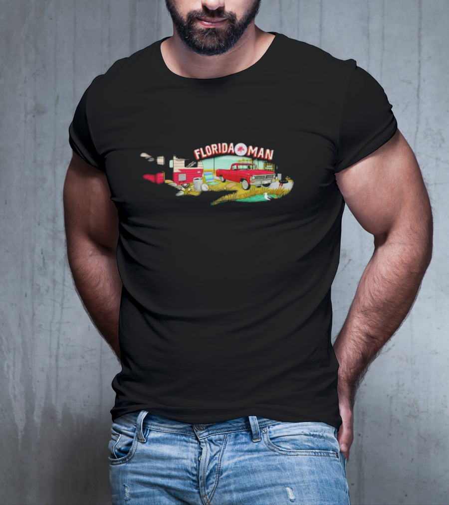 Florida Man Gator Trailer Retro Red Truck Scene T-Shirt