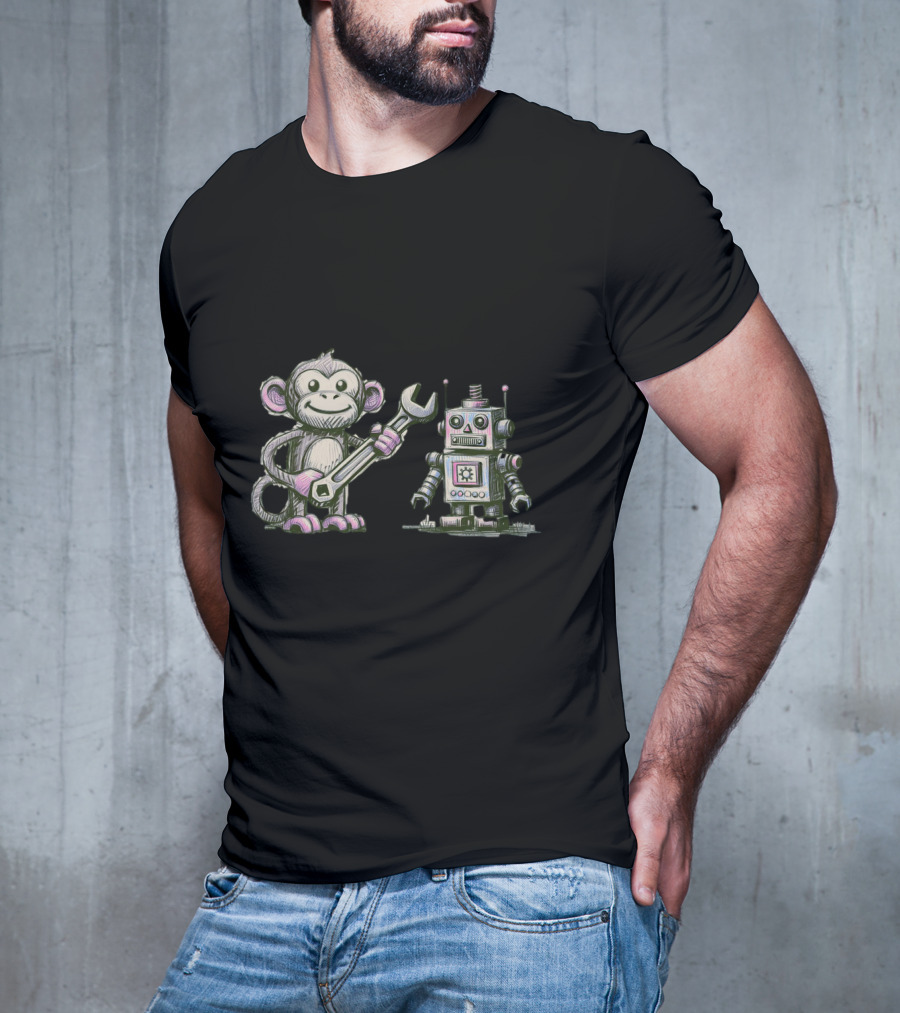 Monkey Wrench Holding Monkey And Robot Companion T-Shirt