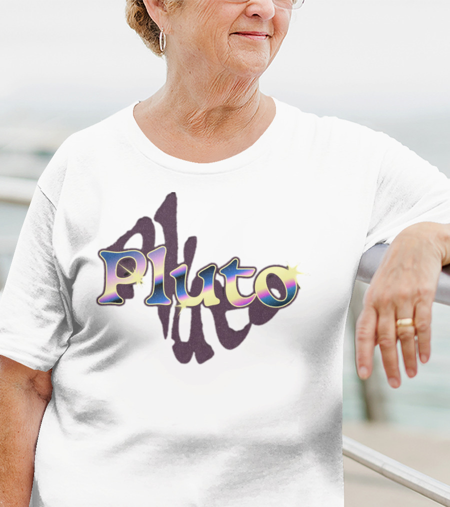 Pluto Colorful Gradient Cosmic Text With Shadow Effect T-Shirt