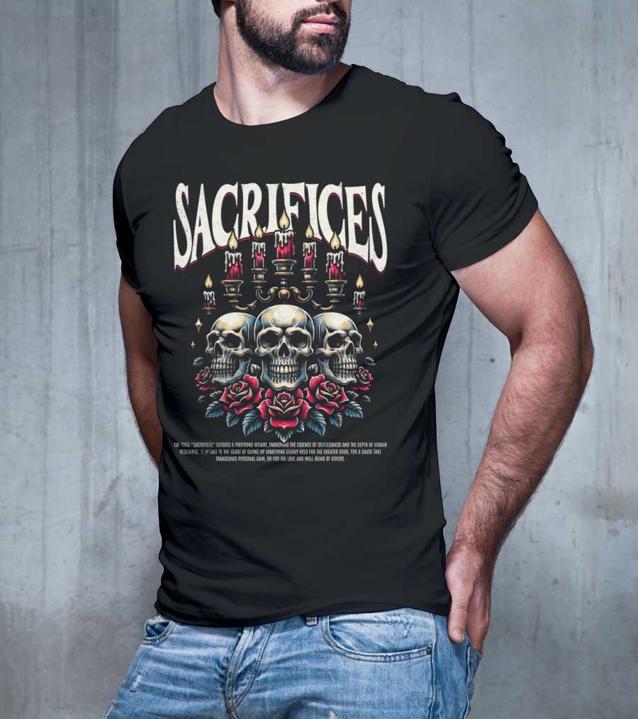 SACRIFICES Skulls Candles Roses Profound Weight Emotions Human Resilience Transcending Personal Gain T-Shirt
