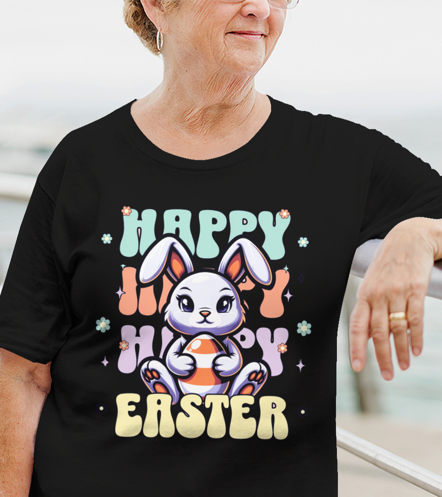 Happy Easter Bunny Holding Egg Pastel Flowers T-Shirt
