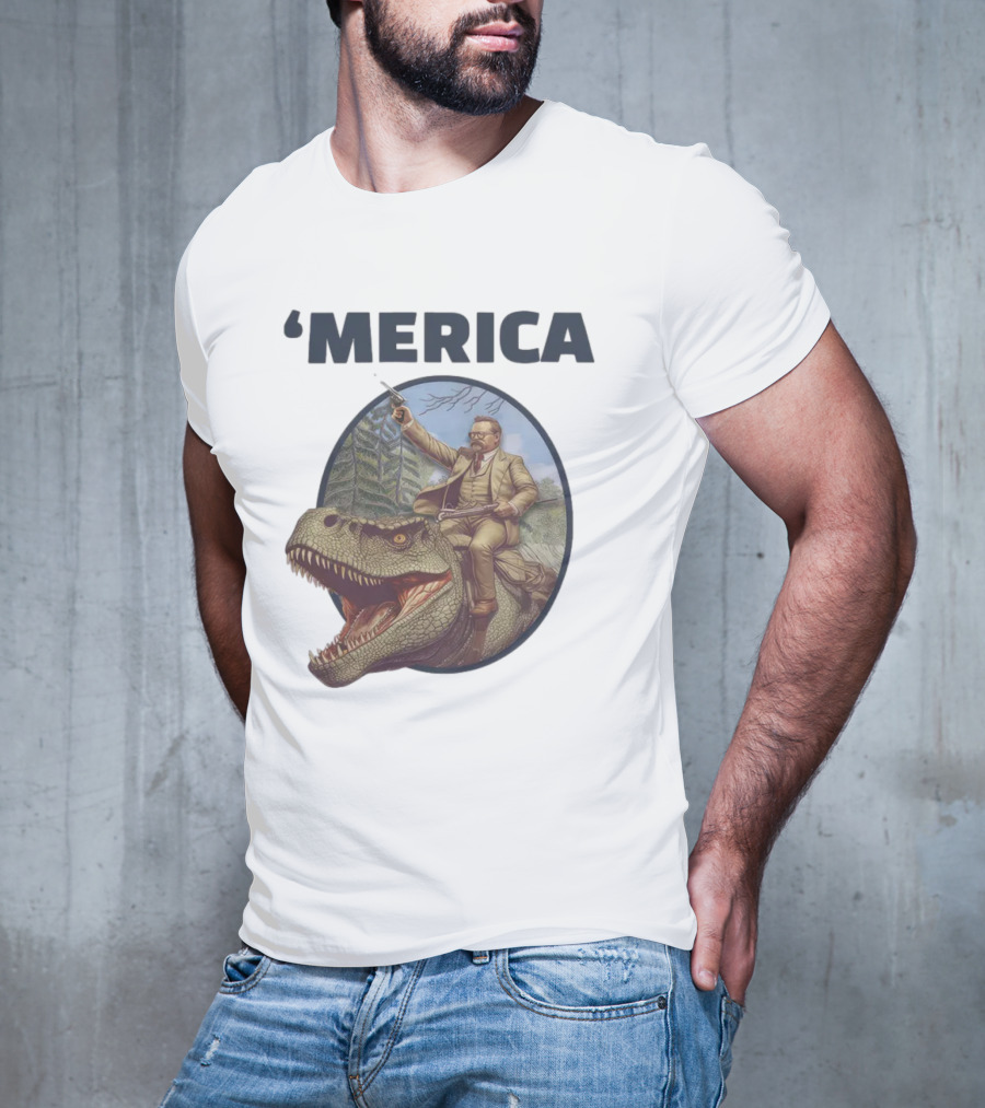 Macrodosing 'Merica Roosevelt Riding Dinosaur With Gun T-Shirt