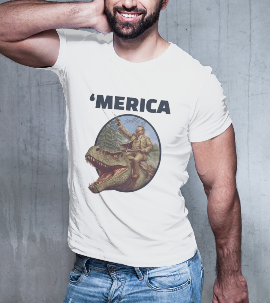 Macrodosing 'Merica Roosevelt Riding Dinosaur With Gun T-Shirt
